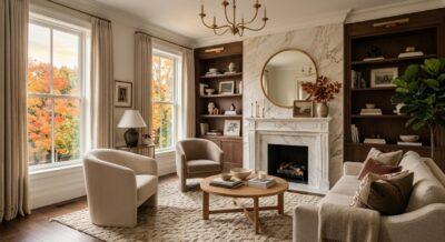 Elegantly staged luxury living room with marble fireplace and fall foliage views in a Washington DC home