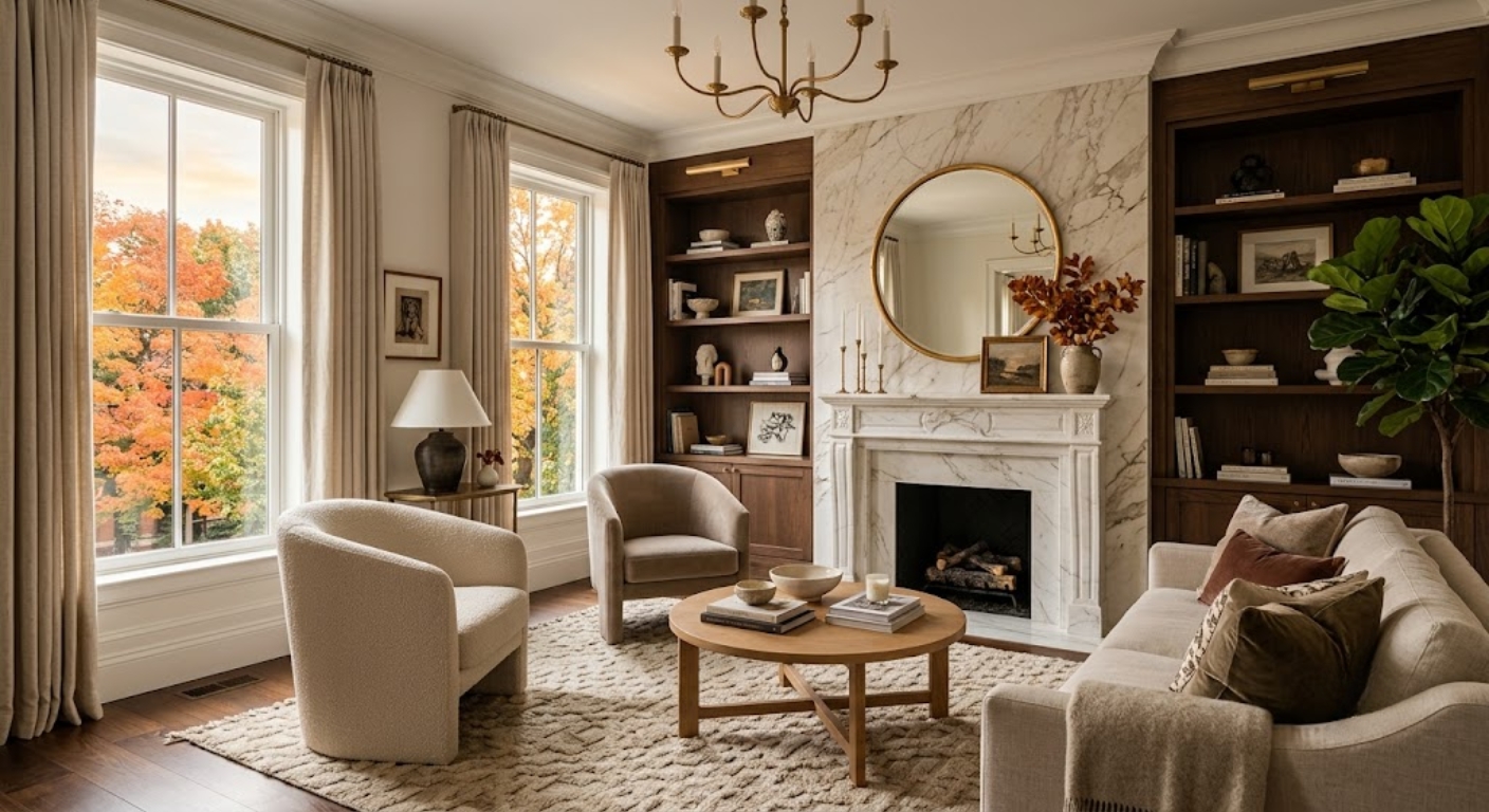 Elegantly staged luxury living room with marble fireplace and fall foliage views in a Washington DC home