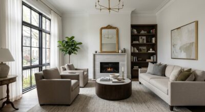 Staged luxury living room with high ceilings, hardwood floors, and gas fireplace in a Washington DC home for sale
