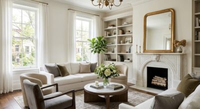 Staged luxury living room with marble fireplace and fresh flowers in a Washington DC home ready for listing