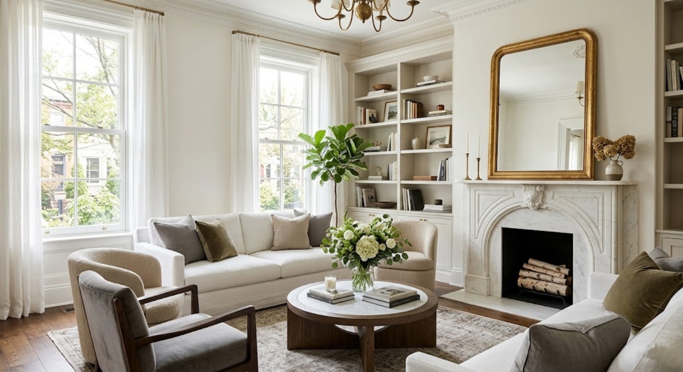 Staged luxury living room with marble fireplace and fresh flowers in a Washington DC home ready for listing