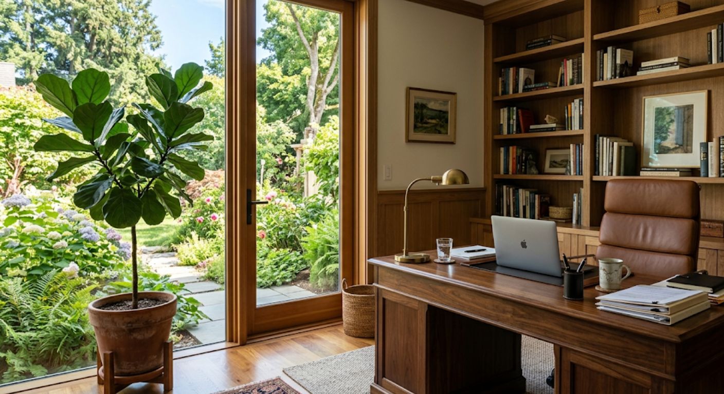 Sunlit luxury home office with wooden desk and garden view in a Washington DC home