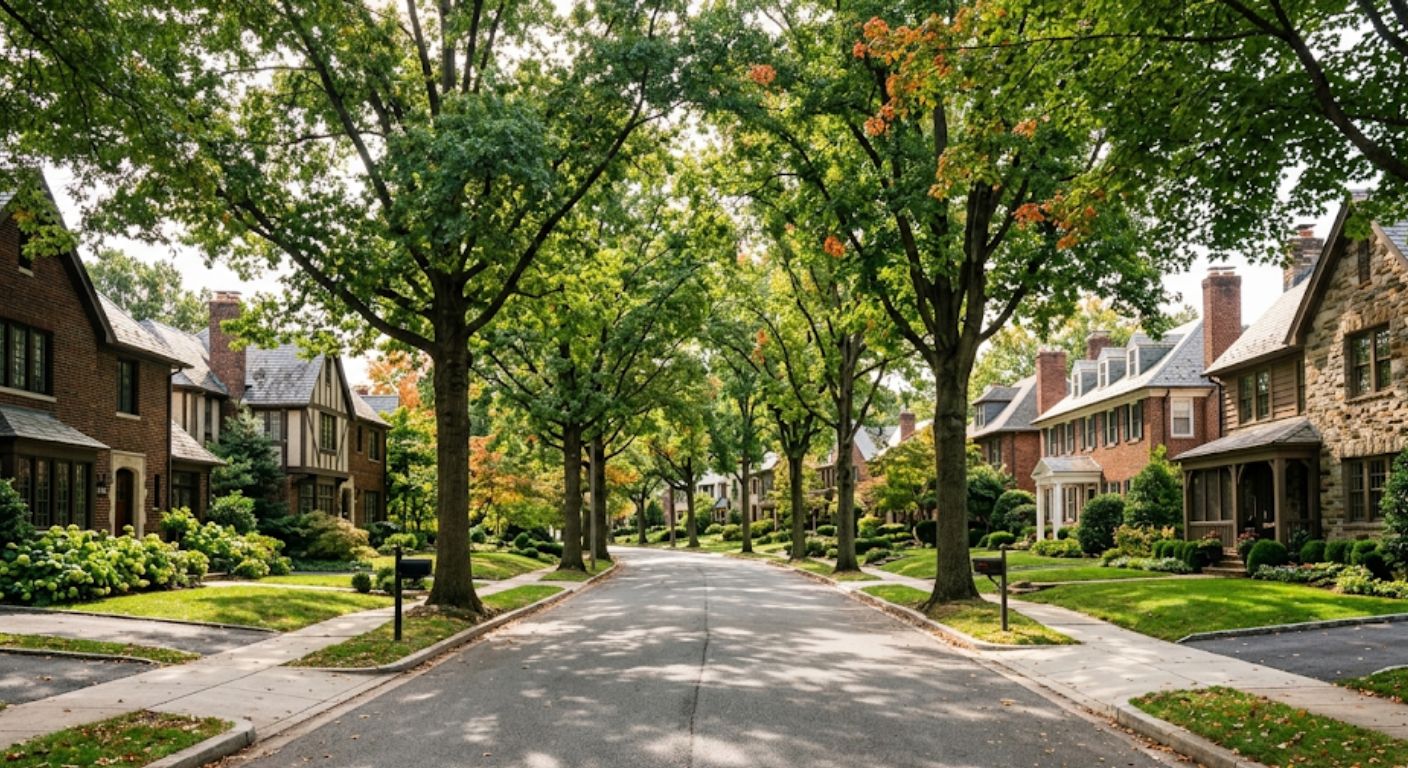 Tree-lined street with brick homes in The Palisades neighborhood Washington DC