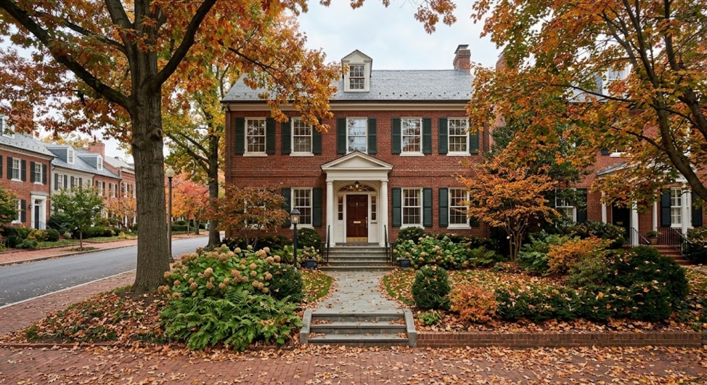 Exterior of a traditional brick home on a tree-lined DC street with autumn leaves on the walkway