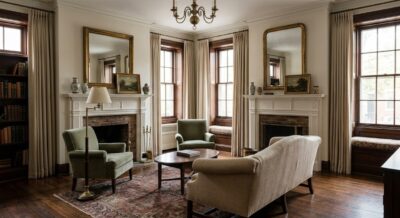 Formal traditional living room with original hardwood floors and classical fireplace mantel in a Washington DC home