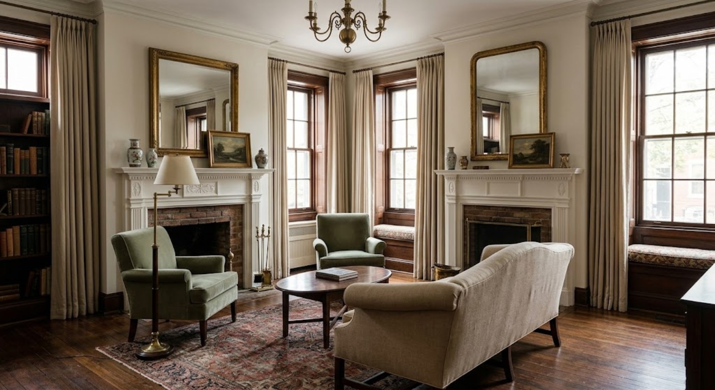 Formal traditional living room with original hardwood floors and classical fireplace mantel in a Washington DC home