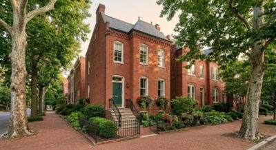 Classic red brick luxury rowhouse with stone steps and tree-lined street in Northwest Washington DC