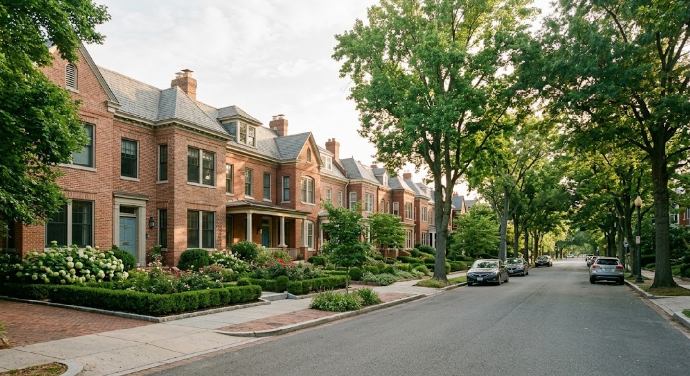 Tree-lined residential street with brick homes and stone walkways in Northwest Washington DC