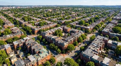 Aerial view of an upscale Washington DC residential neighborhood with brick rowhouses, tree-lined streets, and mature canopy