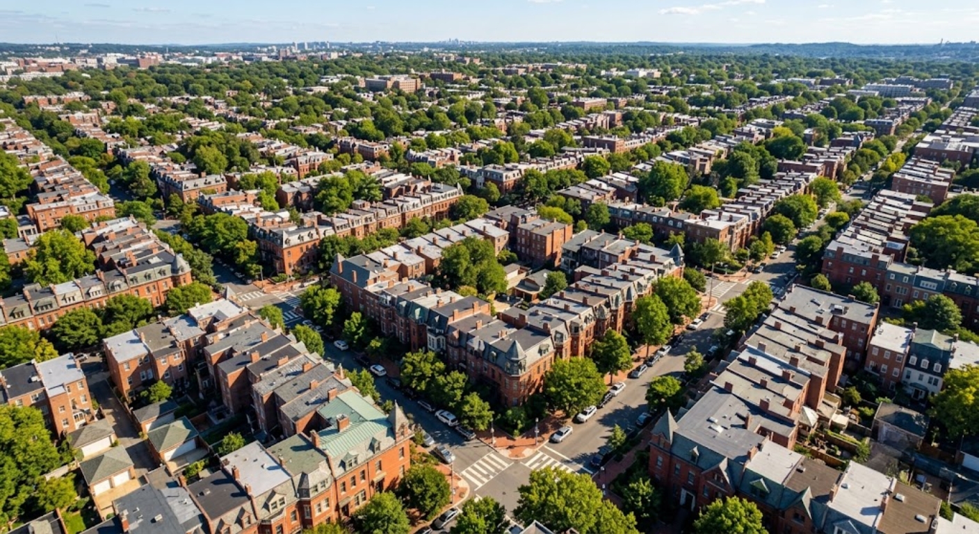 Aerial view of an upscale Washington DC residential neighborhood with brick rowhouses, tree-lined streets, and mature canopy