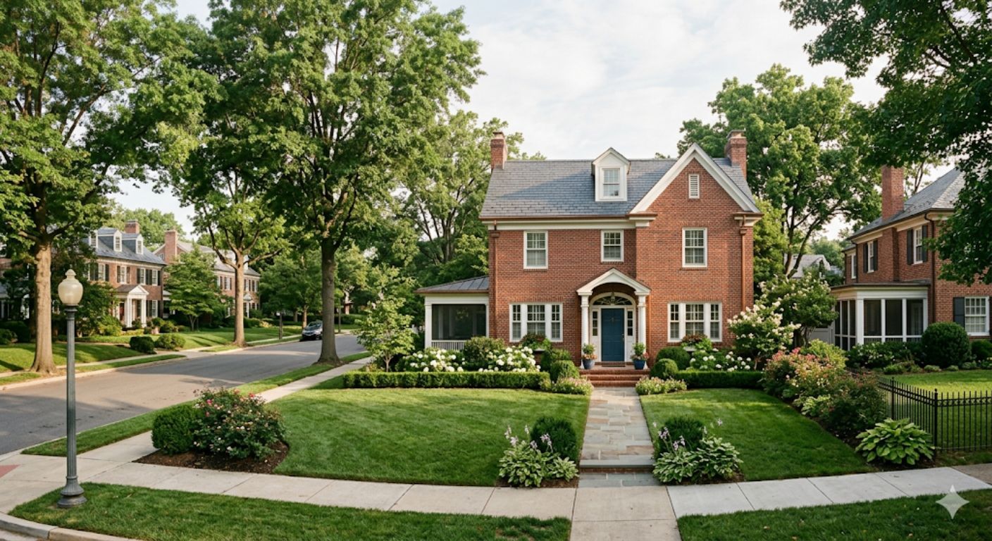 Exterior of a brick single-family home on a tree-lined street in Wesley Heights, Northwest DC