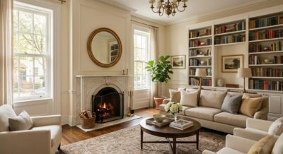 Bright staged luxury living room with marble fireplace, built-in bookshelves, and hardwood floors in a Wesley Heights DC home