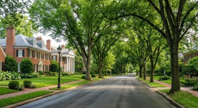 Quiet tree-lined residential street in Wesley Heights DC with upscale colonial homes in summer