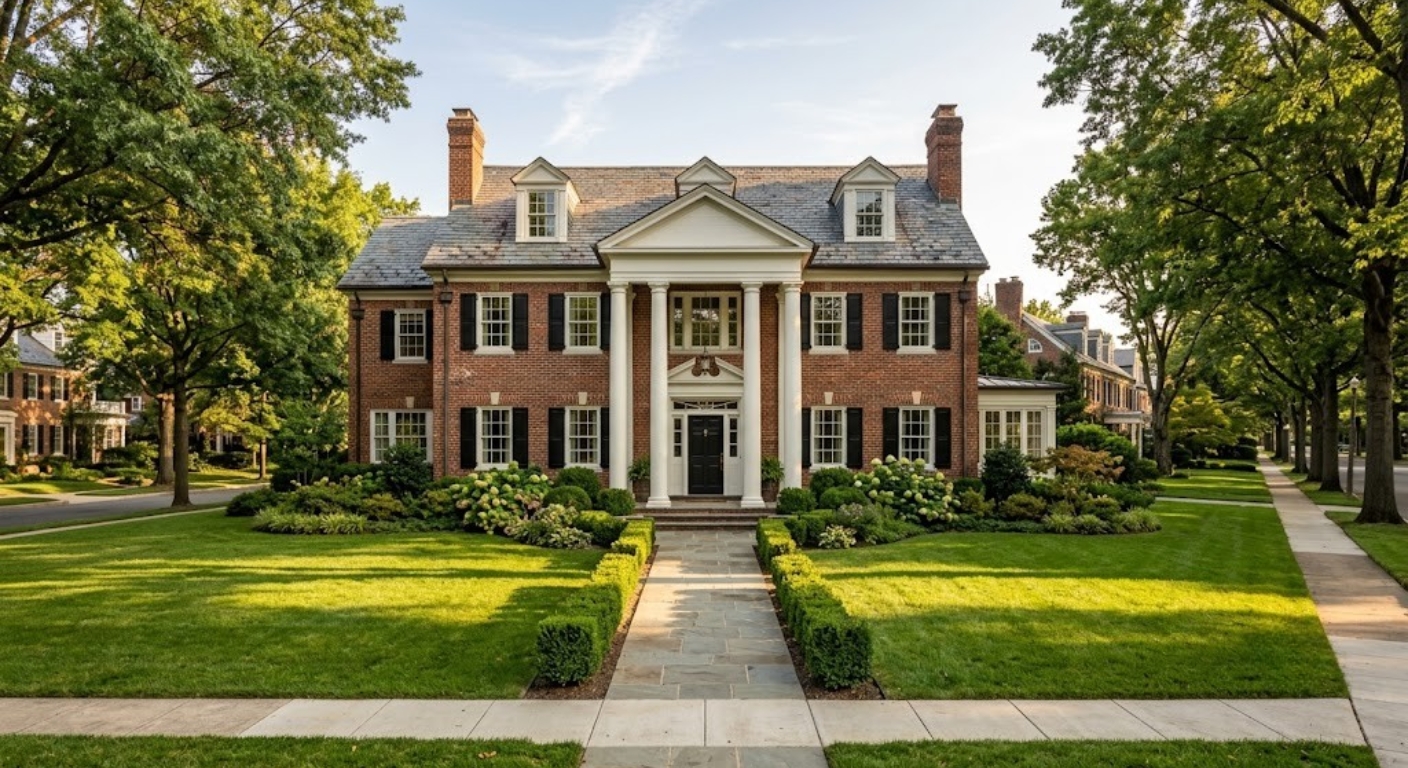 Exterior of a large Colonial-style luxury home with red brick and white columns on a tree-lined street in Northwest Washington DC