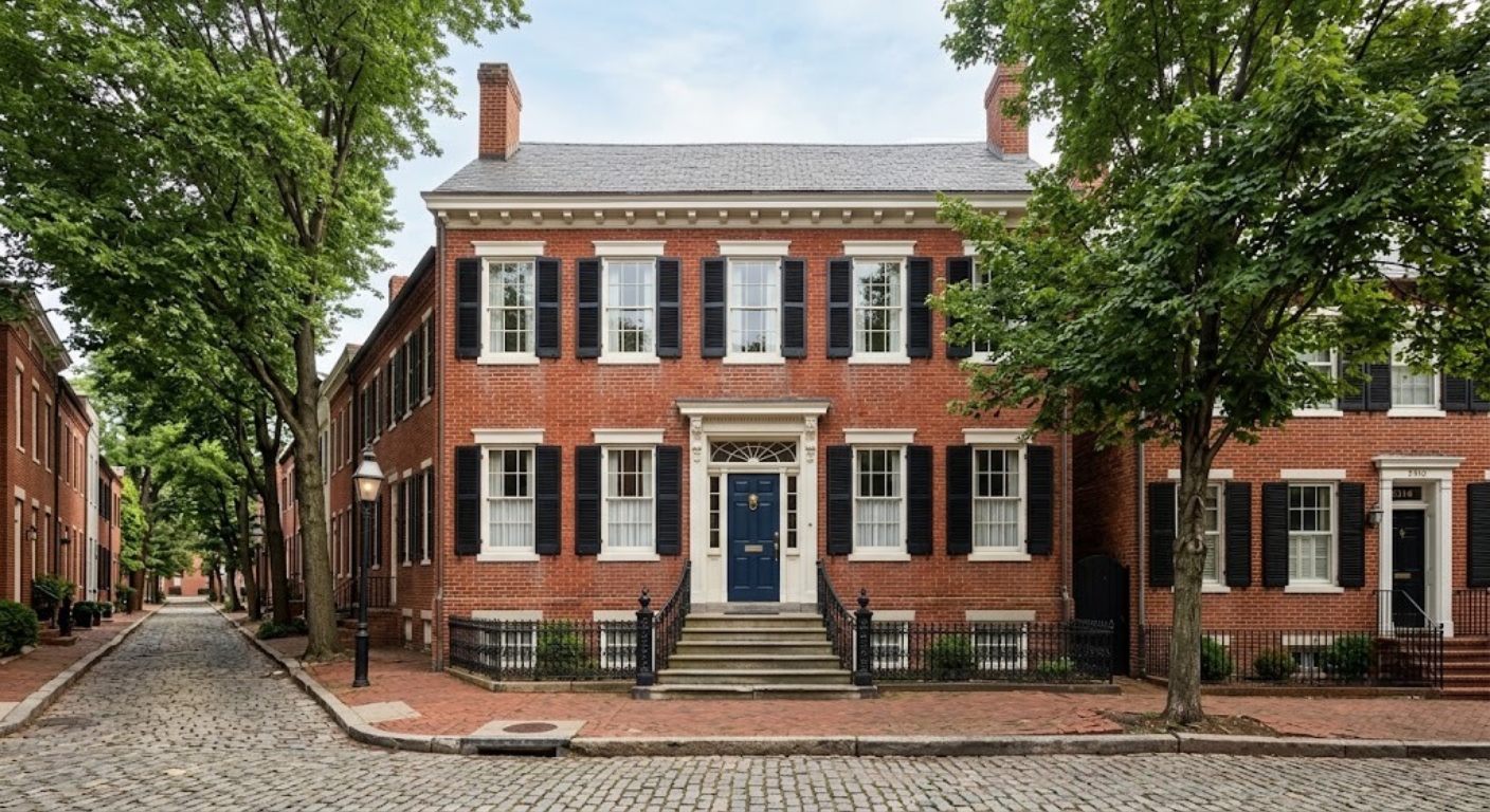 Exterior of a historic Federal-style red brick rowhouse on a cobblestone street in Georgetown Washington DC