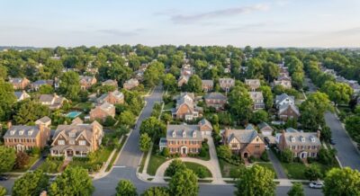 Aerial view of tree-lined luxury residential neighborhoods in the Washington DC Metro Area
