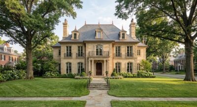 Brick colonial luxury home with mature trees and formal entrance in Foxhall Northwest DC
