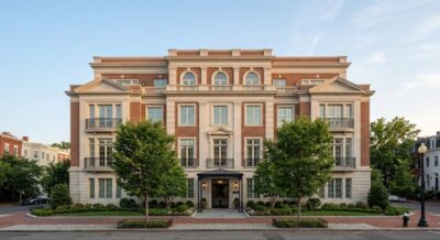 Exterior of a luxury condominium building in Washington DC with brick construction and formal entrance