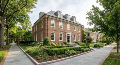 Exterior of a large Federal-style brick luxury home in Northwest Washington DC with stone steps and mature trees