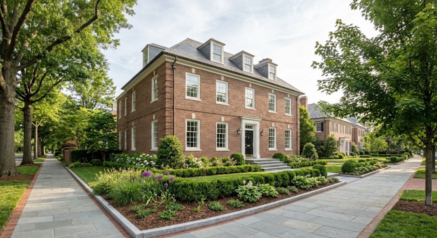 Exterior of a large Federal-style brick luxury home in Northwest Washington DC with stone steps and mature trees