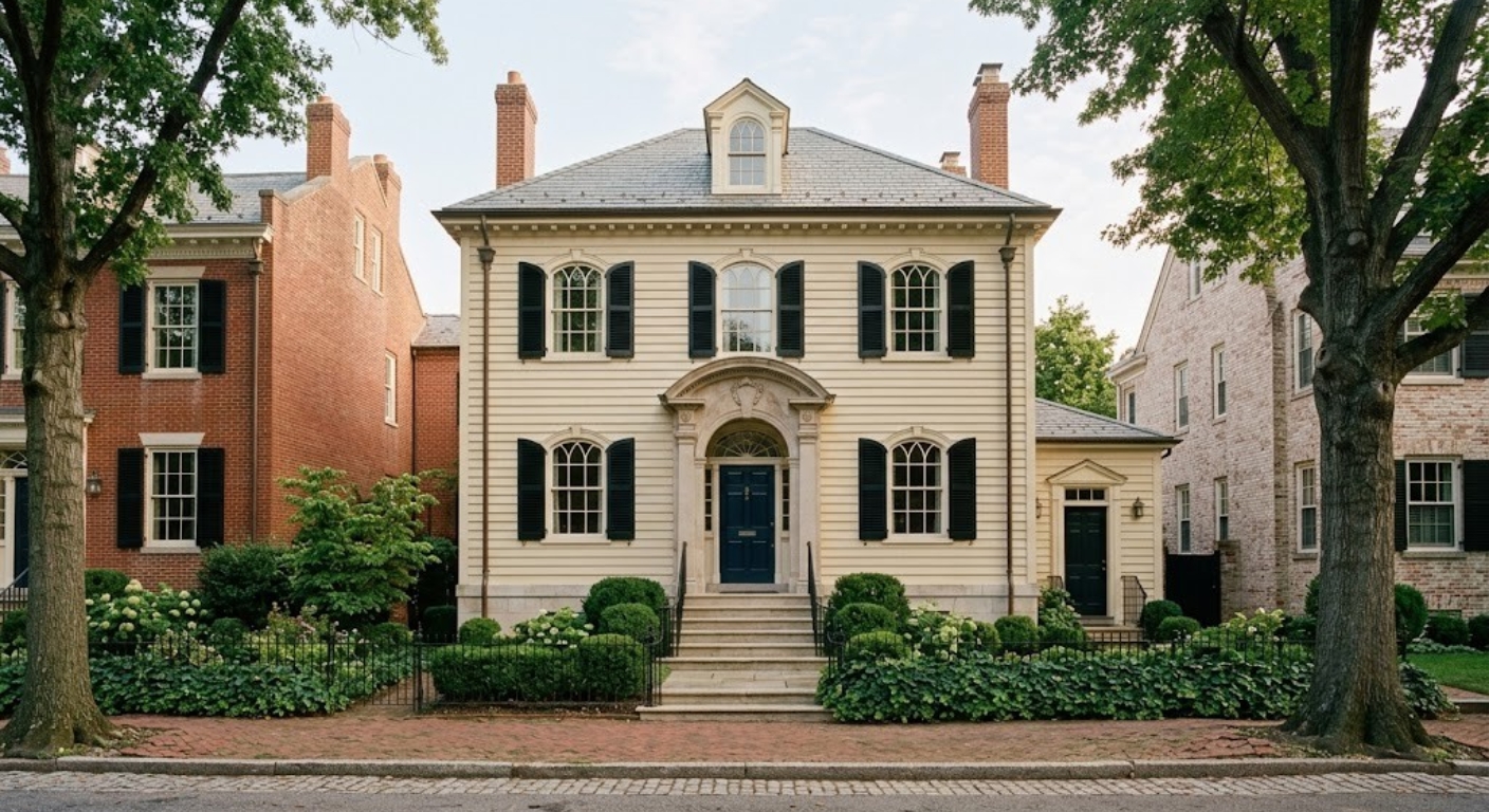 Stately red brick Federal-style luxury townhouse on a tree-lined street in Northwest Washington DC