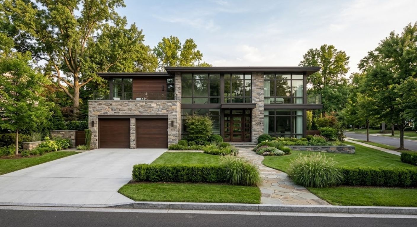 Exterior of a large modern luxury single-family home in Arlington Virginia with stone facade and professional landscaping