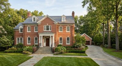 Exterior of a large brick luxury home in Bethesda, Maryland with mature trees and formal front entrance