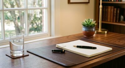 Neat stack of real estate contract documents on a leather desk pad with fountain pen in a Washington DC home office