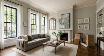 Elegant living room in a Washington DC luxury home being prepared for a downsizing transition with minimal furniture and organized space