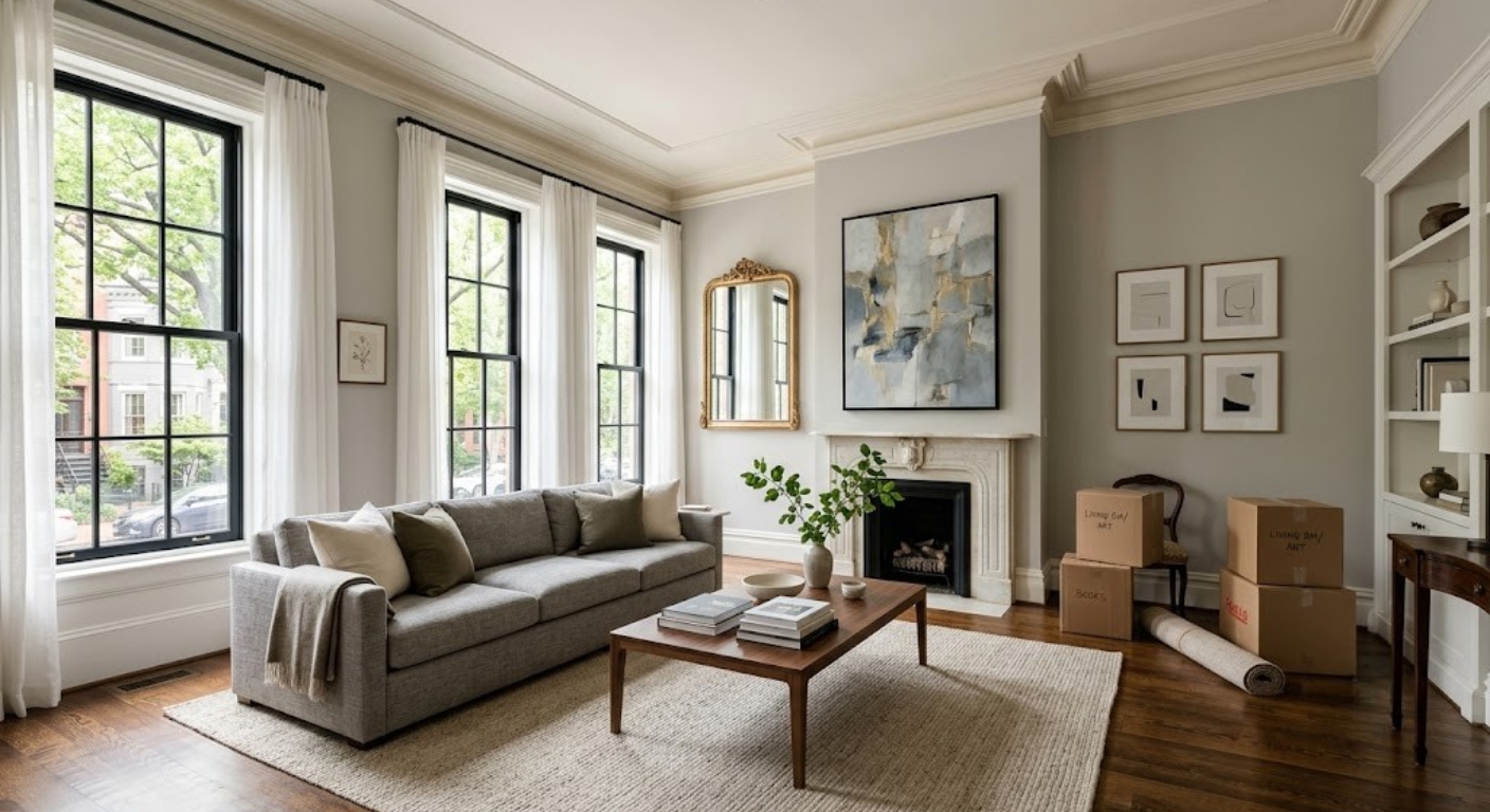 Elegant living room in a Washington DC luxury home being prepared for a downsizing transition with minimal furniture and organized space