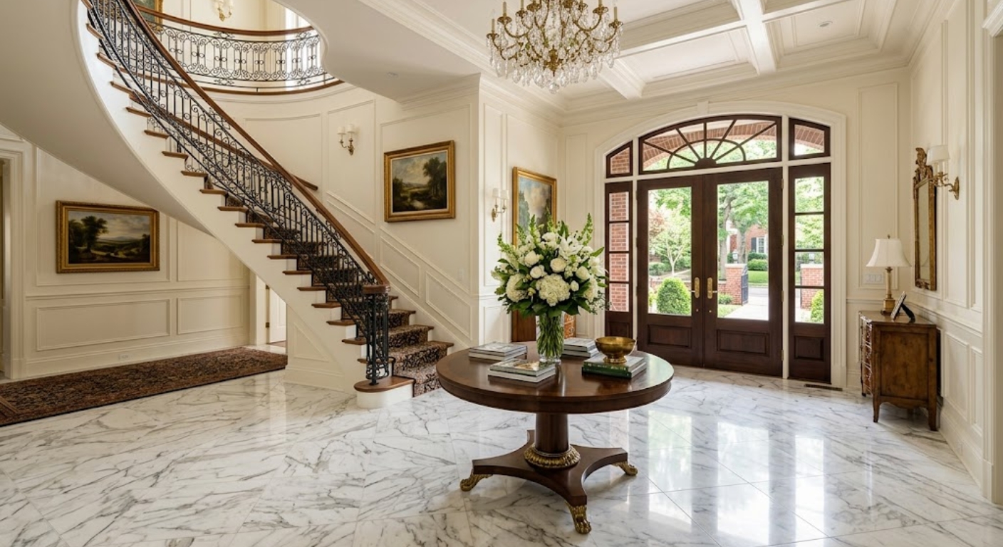 Grand foyer with marble tile floors and curved staircase in a Washington DC luxury home