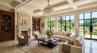 Grand formal living room in a luxury Washington DC area home with coffered ceilings and marble floors
