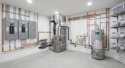 Clean and well-maintained mechanical room in a luxury Washington DC home with newer HVAC system and organized equipment