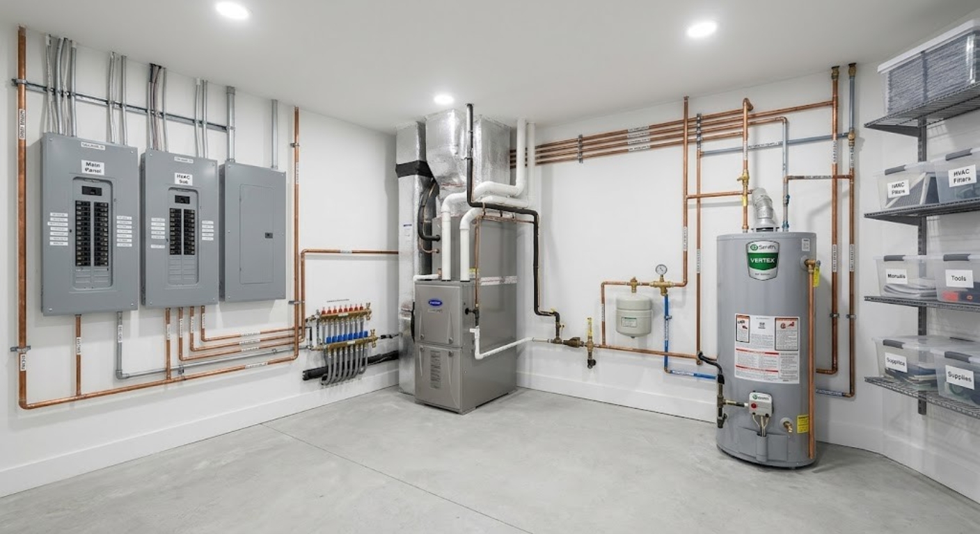 Clean and well-maintained mechanical room in a luxury Washington DC home with newer HVAC system and organized equipment