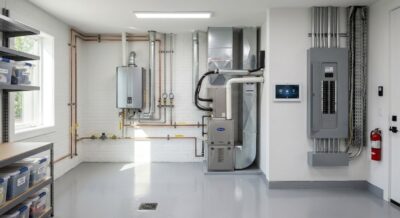 Modern HVAC and water heater systems in a Washington DC luxury home utility room