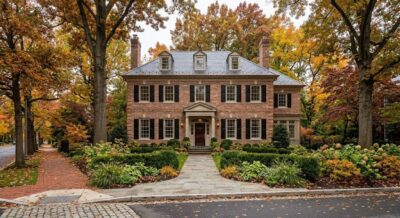 Stately brick luxury home in Northwest Washington DC surrounded by autumn foliage in fall 2026
