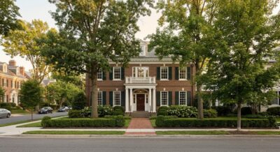 Exterior of a large traditional brick luxury home in Washington DC on a quiet residential street
