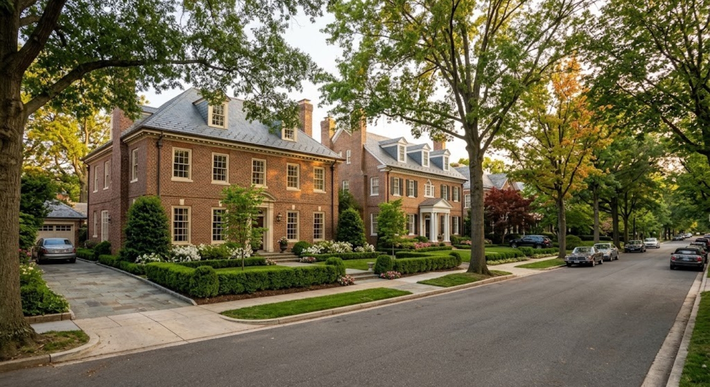Two large brick luxury homes on a quiet residential street in Northwest Washington DC surrounded by mature trees