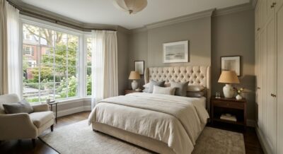 Luxury master bedroom with bay window and tufted headboard in a Washington DC home