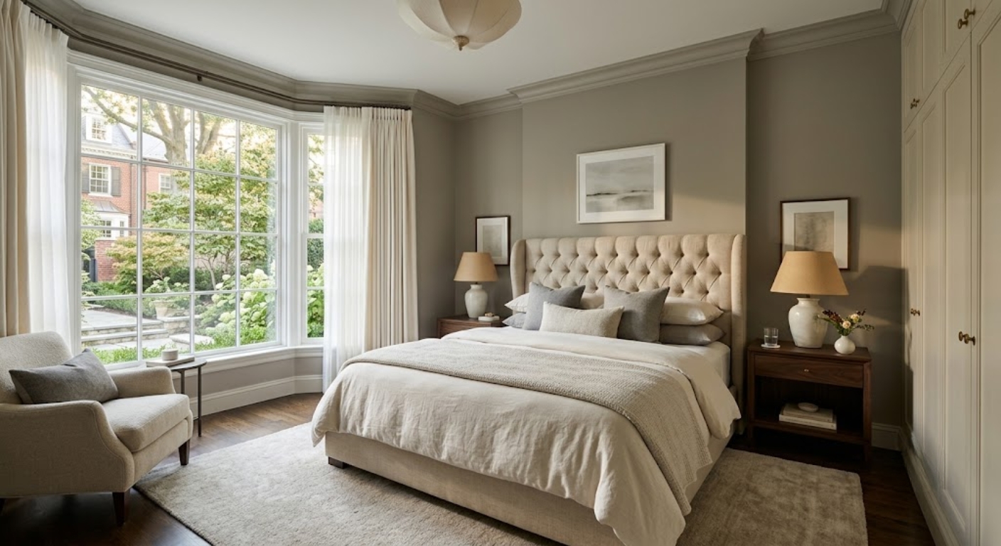 Luxury master bedroom with bay window and tufted headboard in a Washington DC home