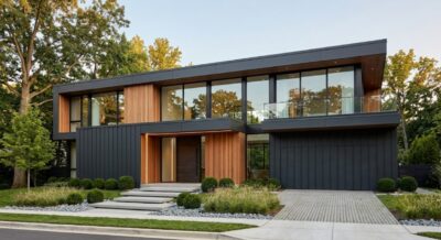 Modern luxury new construction home exterior in Washington DC with floor-to-ceiling windows and dark metal cladding