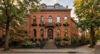 Historic brick luxury townhome exterior on a tree-lined street in Washington DC with ornate ironwork railings