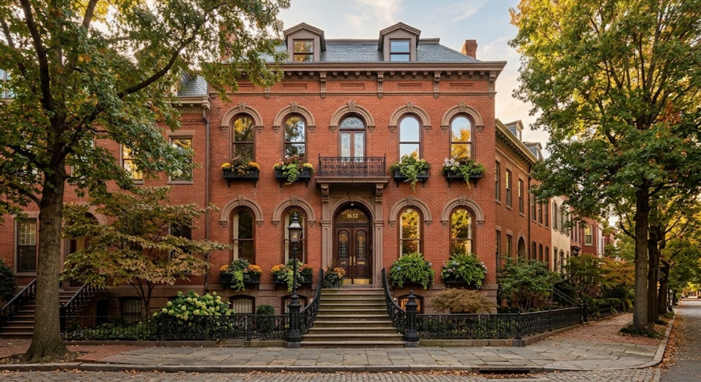 Historic brick luxury townhome exterior on a tree-lined street in Washington DC with ornate ironwork railings
