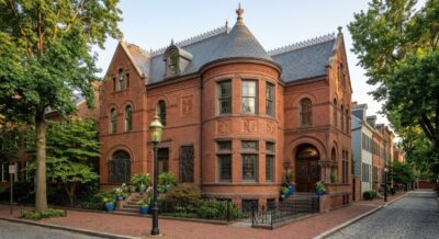 Exterior of a luxury brick townhouse on a tree-lined street in Northwest Washington DC in summer with mature oak trees