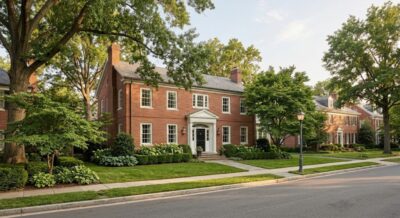 Exterior of a brick colonial luxury home on a quiet street in Northwest Washington DC