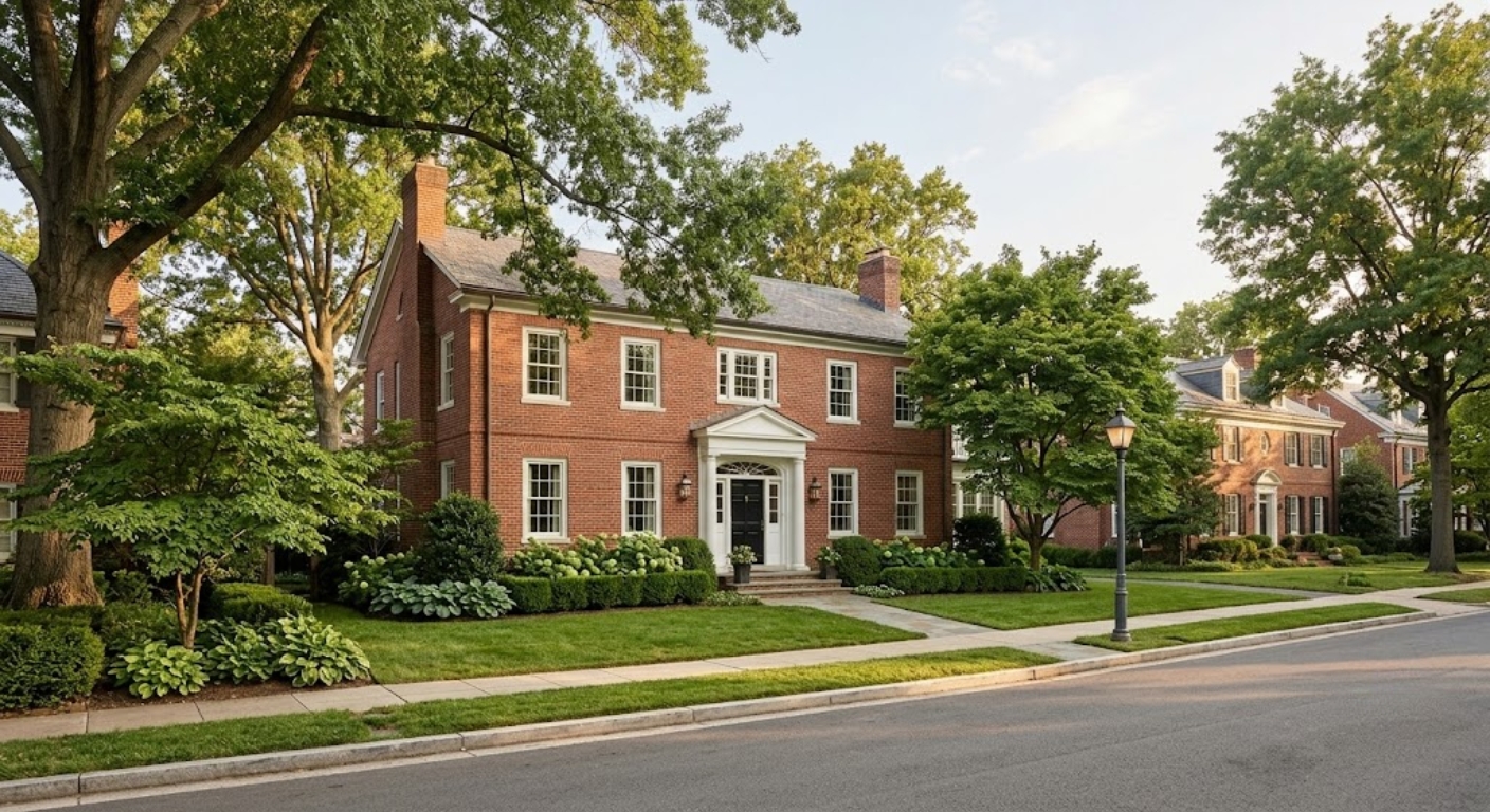 Exterior of a brick colonial luxury home on a quiet street in Northwest Washington DC