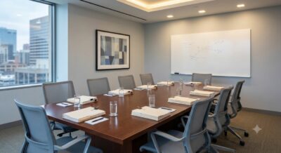 Settlement conference room with document stacks representing a luxury home closing in Washington DC