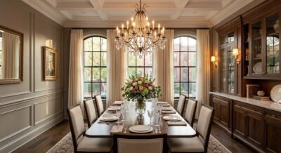 Staged luxury dining room with dark wood table and statement chandelier in a Washington DC home