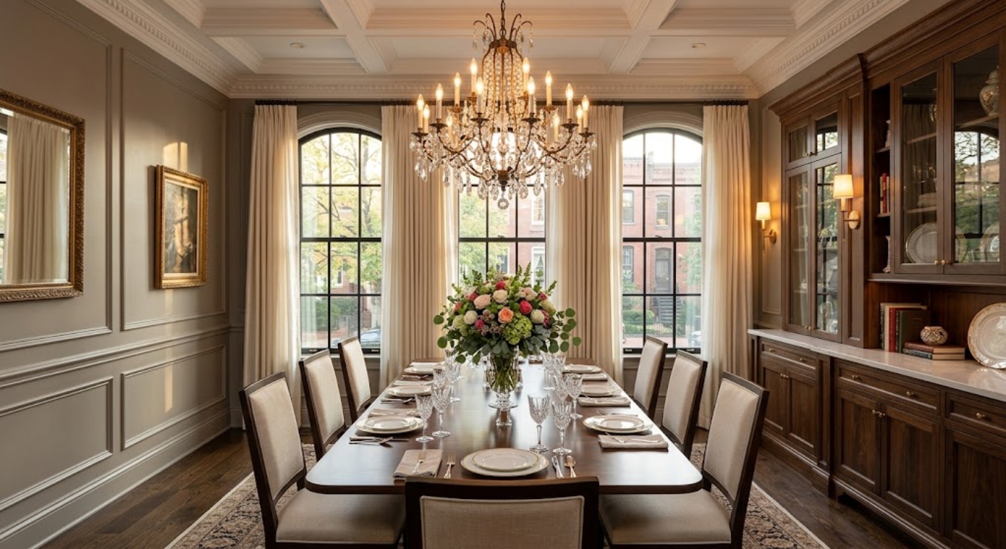 Staged luxury dining room with dark wood table and statement chandelier in a Washington DC home