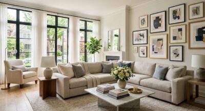 Beautifully staged luxury living room with natural light and neutral furnishings in a Washington DC home for sale